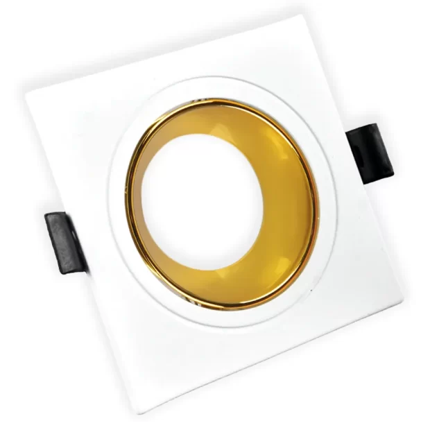 The Anti Glare Spotlight Frame Square WG in White and Gold, featuring a square aluminum frame and a deep-recessed gold anti-glare ring.