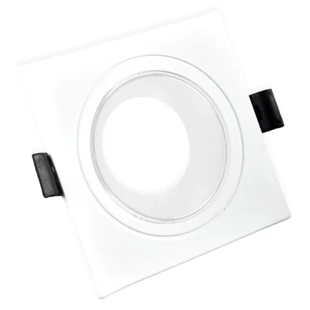 The Anti Glare Spotlight Frame Square WW featuring an all-white square aluminium frame and a deep-recessed white anti-glare reflector ring.