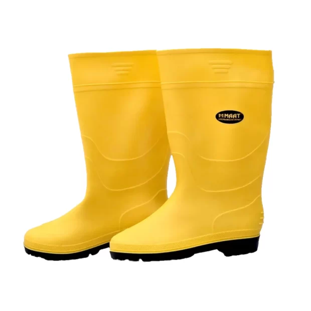 High-visibility MAAT Yellow Safety Boots with steel toe and midsole, showing the aggressive slip-resistant tread pattern and tall PVC shaft.