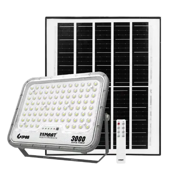 MAAT Solar Flood Light 3CCT (MET-SFG9) series including 1500, 2000, and 3000 power variants with monocrystal panels and remote controls.