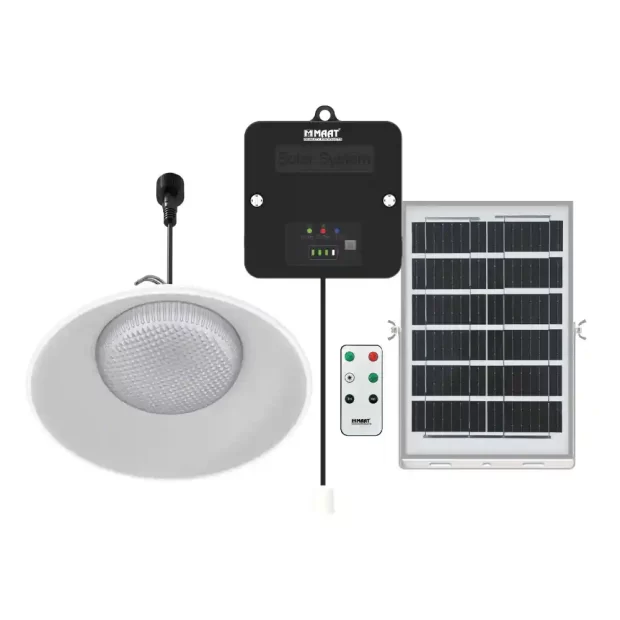 The MAAT Solar High Bay Light Indoor System featuring the MET-SIHL-235 single and MET-SIHL-235X2 double lamp setups with solar panels and remotes.