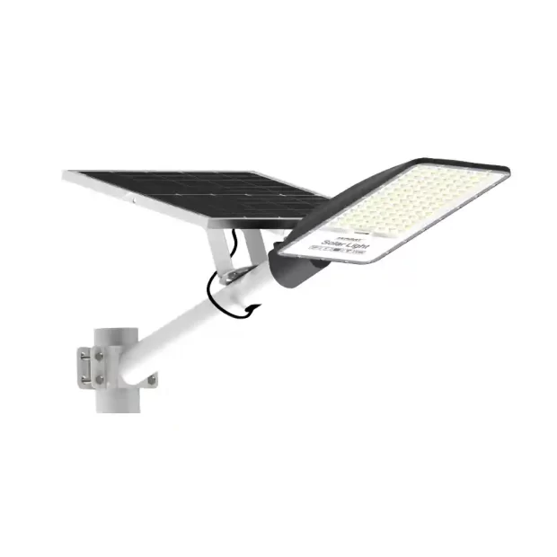 The MAAT Solar Street Light MET-SSG9-6500K series showing the 3000 and 4500 super power models with external monocrystal solar panels and remote.