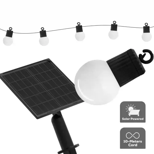 The MAAT Solar String Lights 18W MET-SSGL-DC018 set showing the 10-meter bulb strand, ground-mounted solar panel, and IP65 waterproof testing.