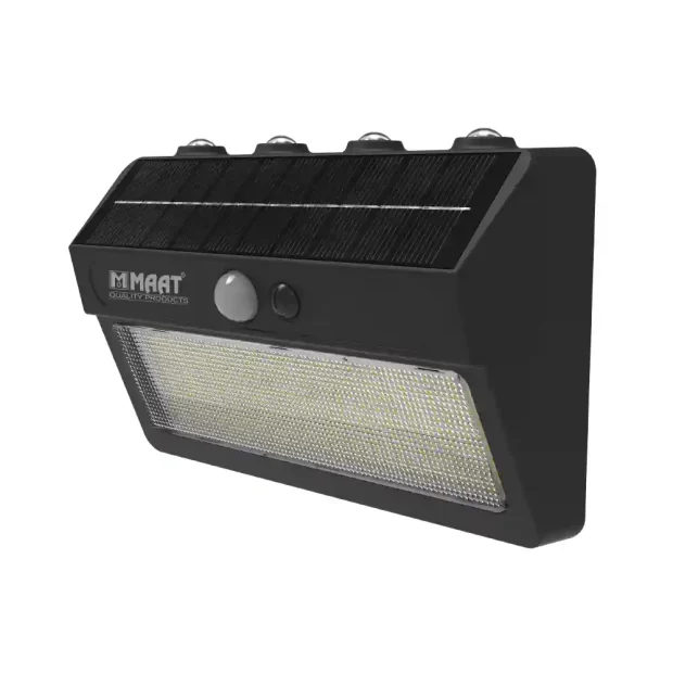 The MAAT Solar Wall Light MET-SWL-BD04-JX showing its sleek ABS body, PIR sensor, and the dual-color effect of 6500K lighting and 3000K wall washing.
