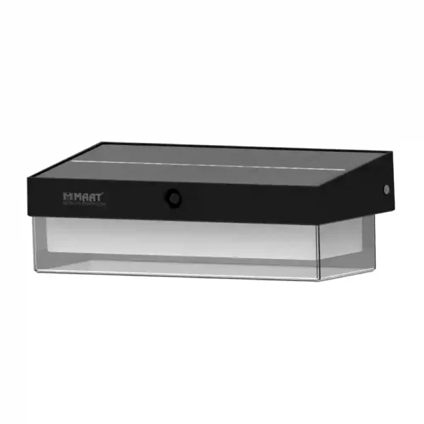 The MAAT Solar Wall Light MET-SWL-BD05-3CCT showing its modern ABS housing, black monocrystal panel, and three color temperature options.