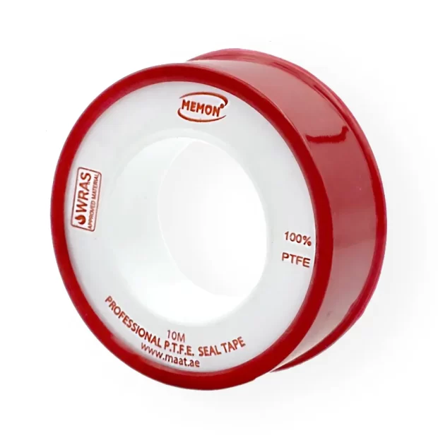 A roll of Memon Professional PTFE Teflon Thread Seal Tape 10m showing the white tape on a plastic spool, used for sealing threaded pipe joints.