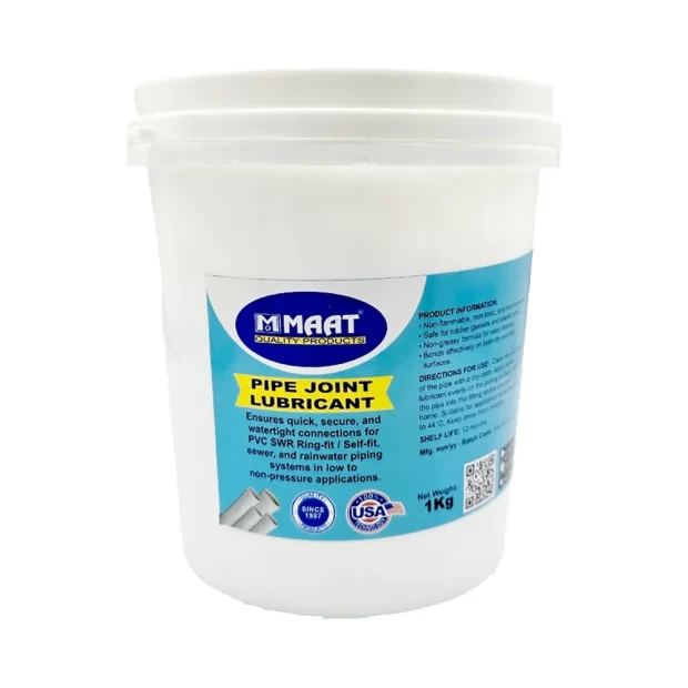 A 1Kg white container of MAAT Pipe Joint Lubricant with blue and yellow labeling, highlighting its use for PVC SWR systems and watertight connections.