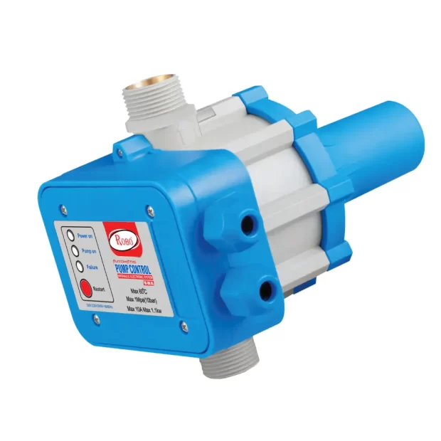 The ROBO Automatic Pump Control RB-GM-BG showing its blue and black housing, pressure gauge, and LED indicators for water system automation.