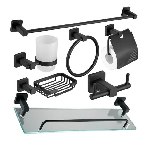A full MAAT Black Bath Accessory Set including a towel rail, glass shelf, soap dish, and robe hooks in a coordinated 7-piece collection.