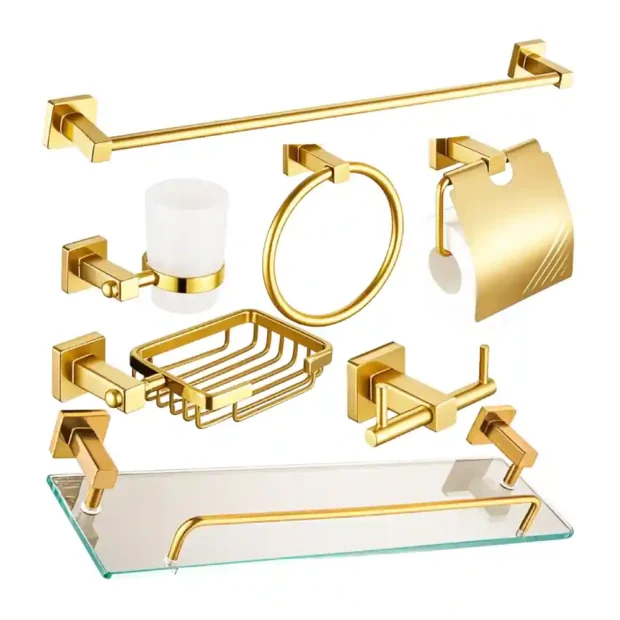 A full MAAT Gold Bath Accessory Set including a towel rail, glass shelf, soap dish, and robe hooks in a coordinated 7-piece collection.