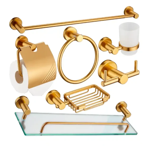 A full MAAT Bath Accessory Set 18007-7P including a towel rail, glass shelf, soap dish, and robe hooks in a coordinated 7-piece collection.