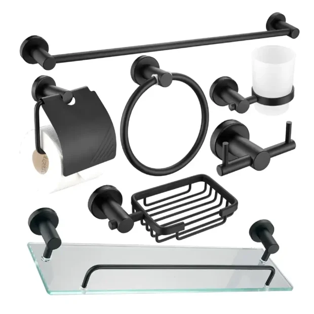 A full MAAT Bath Accessory Set 18007-7P including a towel rail, glass shelf, soap dish, and robe hooks in a coordinated 7-piece collection.