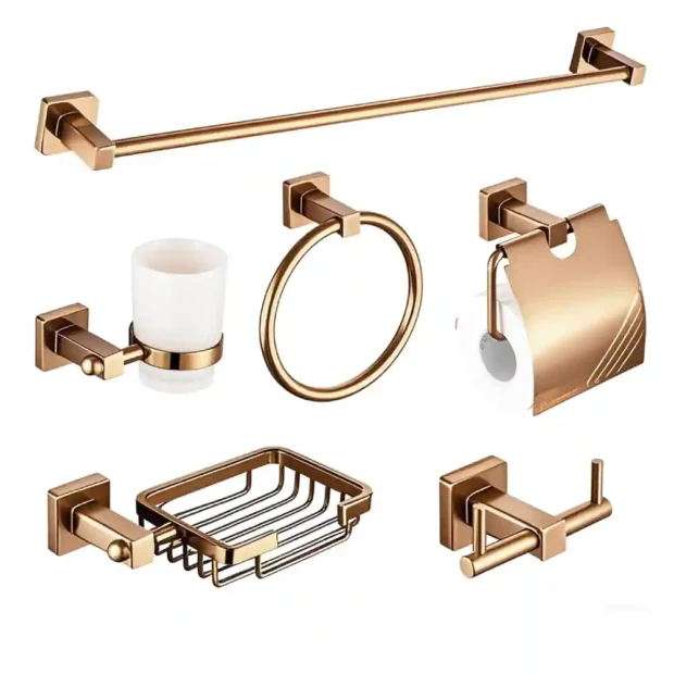 A 6-piece MAAT Bath Accessory Set featuring a towel rail, glass shelf, and soap dish in a coordinated rust-resistant finish.