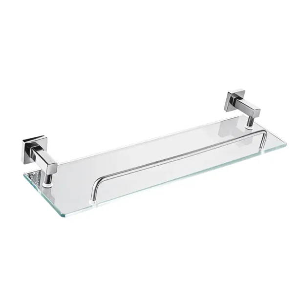 The MAAT Glass Shelf 4000 featuring a tempered glass surface and a Brushed Chrome safety railing for secure bathroom storage.