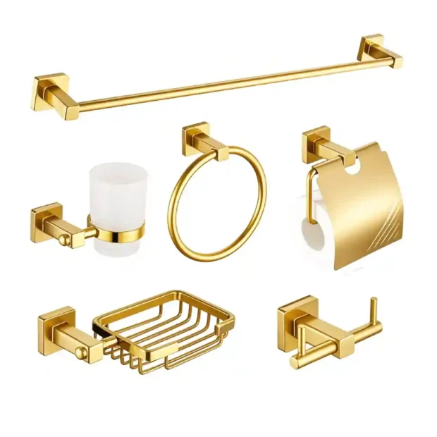 A 6-piece MAAT Bath Accessory Set featuring a towel rail, glass shelf, and soap dish in a coordinated rust-resistant finish.