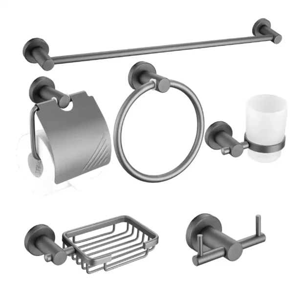 A 6-piece MAAT Bath Accessory Set featuring a towel rail, glass shelf, and soap dish in a coordinated rust-resistant finish.