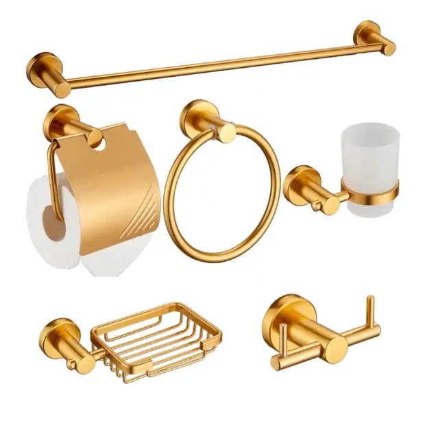 A 6-piece MAAT Bath Accessory Set featuring a towel rail, glass shelf, and soap dish in a coordinated rust-resistant finish.