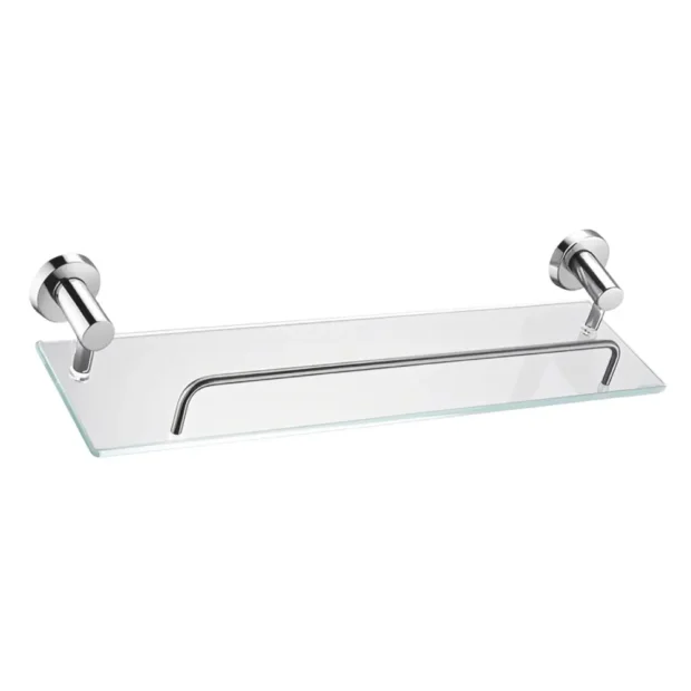 The MAAT Glass Shelf 8000 featuring a tempered glass surface and a Brushed Chrome safety railing for secure bathroom storage.