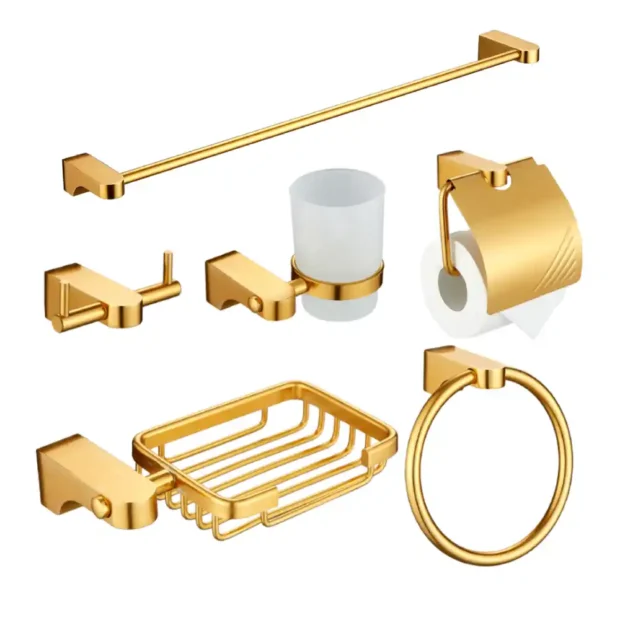 A 6-piece MAAT Bath Accessory Set featuring a towel rail, glass shelf, and soap dish in a coordinated rust-resistant finish.