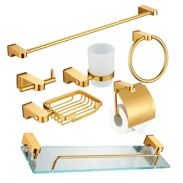 A full MAAT Bath Accessory Set 181007-7P including a towel rail, glass shelf, soap dish, and robe hooks in a coordinated 7-piece collection.