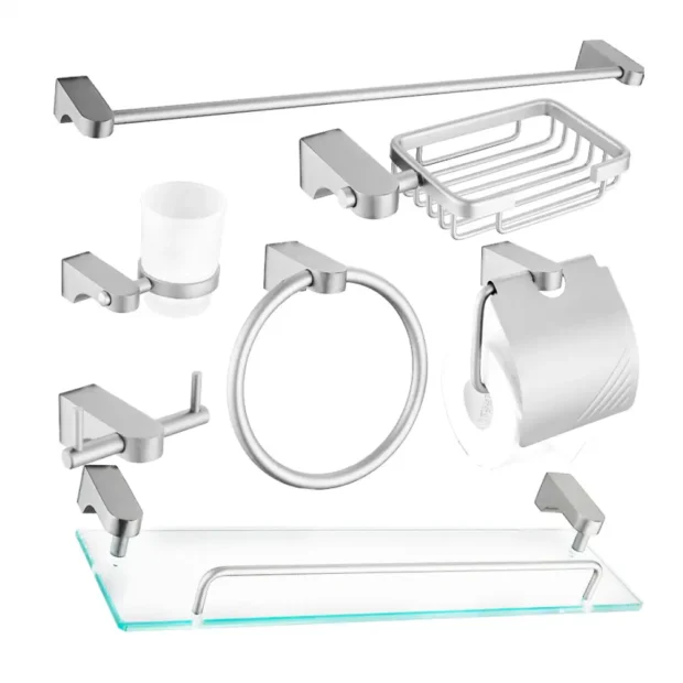 A full MAAT Bath Accessory Set 181007-7P including a towel rail, glass shelf, soap dish, and robe hooks in a coordinated 7-piece collection.