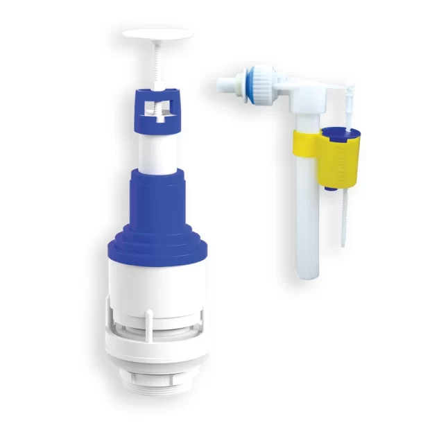 A high-quality MAAT Side Entry Flushing Mechanism FMS-333 featuring a blue and white flush valve and a yellow-float side entry fill valve, highlighting its silent operation and Turkish origin.