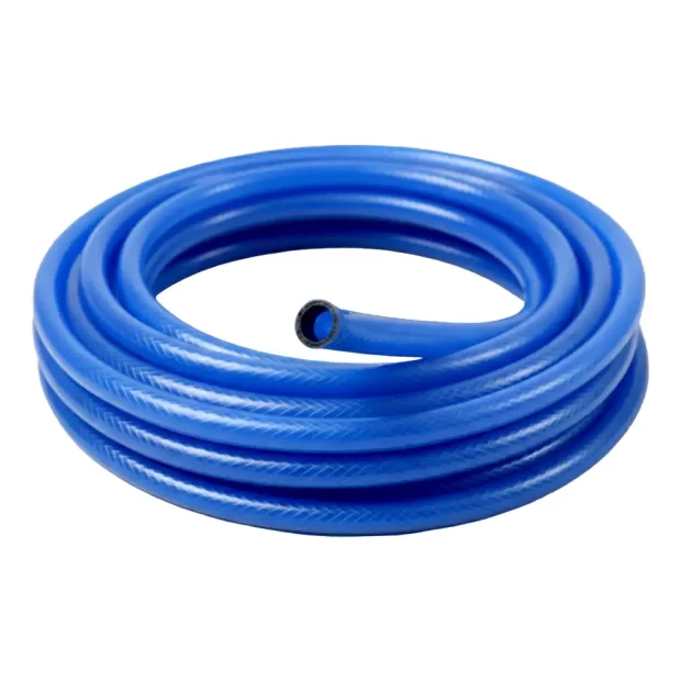 A coiled MAAT Heavy Duty Blue Braided Hose in industrial blue, highlighting the reinforced texture and 1/2" and 3/4" 50Y size availability.
