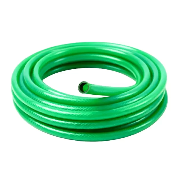 A coiled MAAT Heavy Duty Green Braided Hose showing the reinforced braided texture and size icons for 1/2" and 3/4" 50Y options.