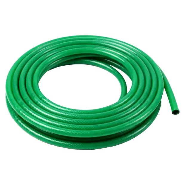 A coiled MAAT Heavy Duty Green Garden Hose showing the 1/2" and 3/4" 50-yard size options for professional outdoor irrigation.