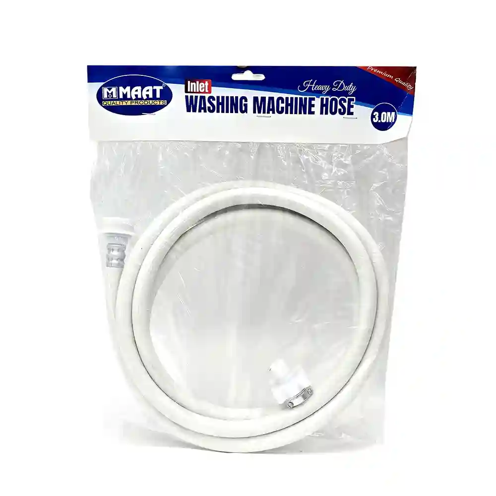 The MAAT Inlet Washing Machine Hose featuring universal 3/4" connectors and durable grey piping, available in 1.5m, 2m, and 3m lengths.