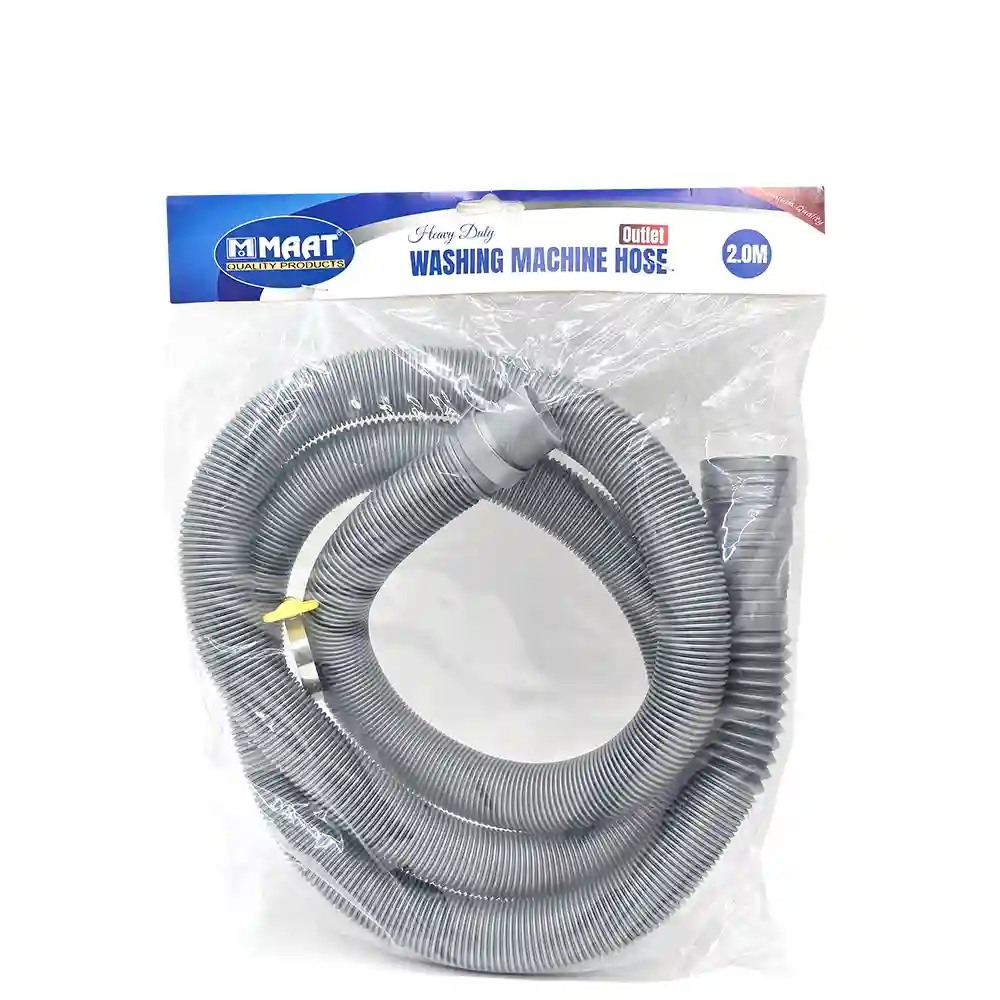 MAAT Outlet Washing Machine Hose displayed in multiple sizes, including 1.5m, 2m, and 3m, highlighting its corrugated design for universal laundry drainage.