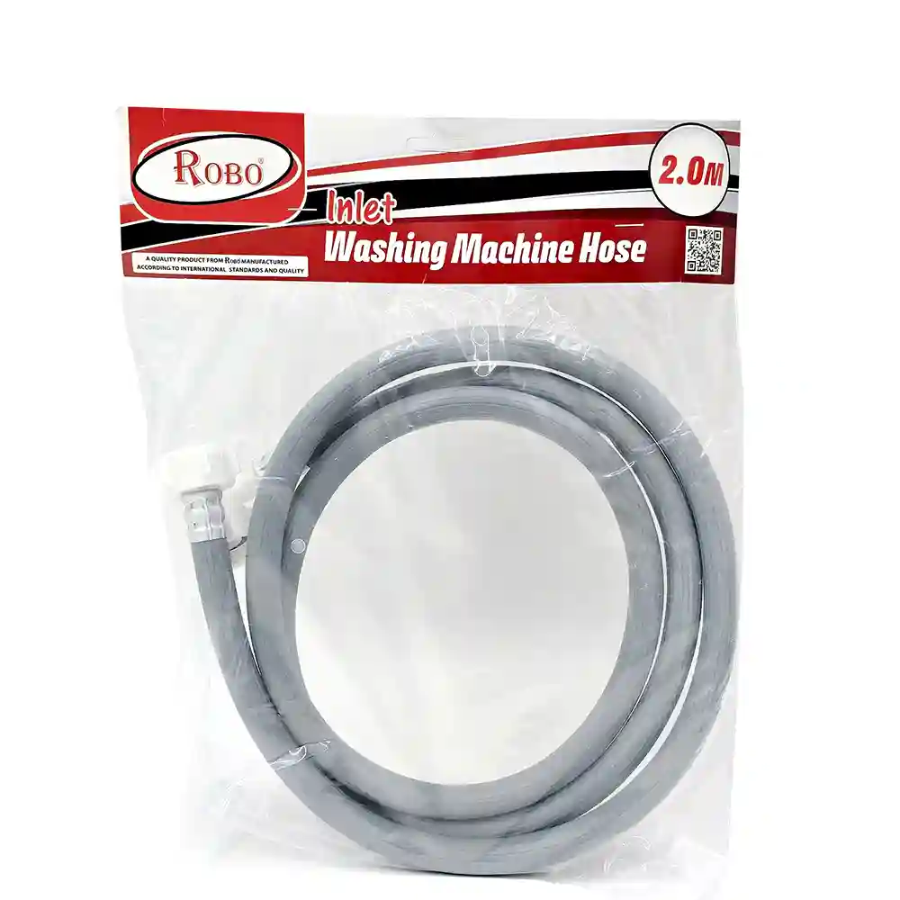 The ROBO Inlet Washing Machine Hose featuring universal 3/4" connectors and high-pressure grey piping, available in 1.5m, 2m, and 3m variants.