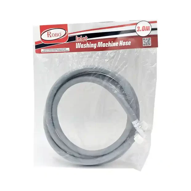 The ROBO Inlet Washing Machine Hose featuring universal 3/4" connectors and high-pressure grey piping, available in 1.5m, 2m, and 3m variants.