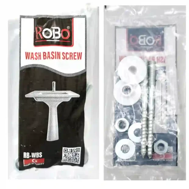 The ROBO Wash Basin Screw RB-WBS installation kit in its professional clear packaging, featuring high-tensile studs, wall anchors, and protective spacers.