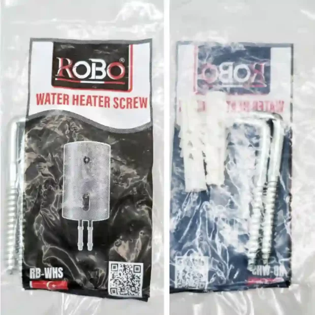The ROBO Water Heater Screw RB-WHS Mounting Solution in its professional packaging, showing two L-shaped hooks and heavy-duty wall anchors for secure heater installation.