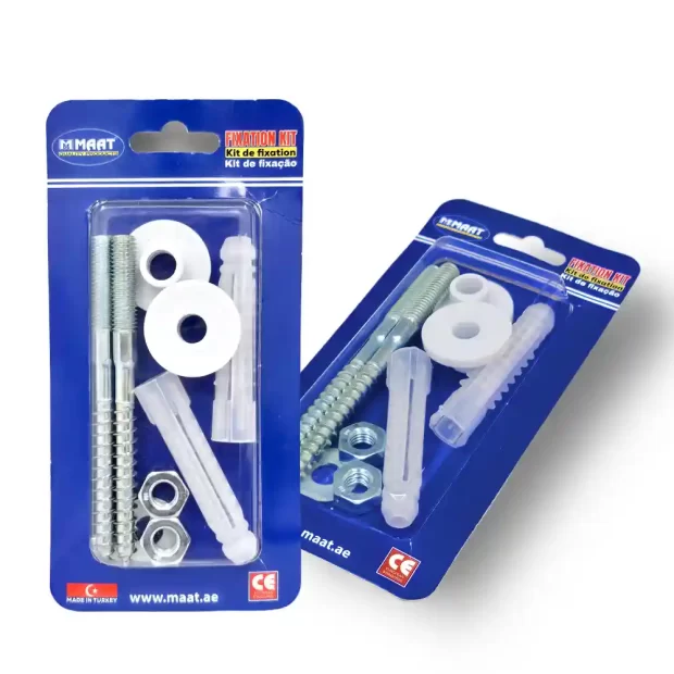 The MAAT Washbasin Fixing Kit MT-WB-15 in a blue blister pack, displaying M10x120mm studs, plastic anchors, nuts, washers, and spacers for secure mounting.