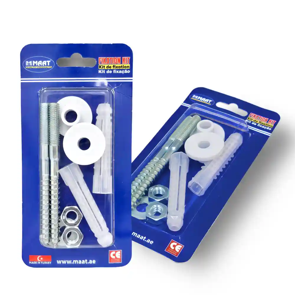 The MAAT Washbasin Fixing Kit MT-WB-15 in a blue blister pack, displaying M10x120mm studs, plastic anchors, nuts, washers, and spacers for secure mounting.