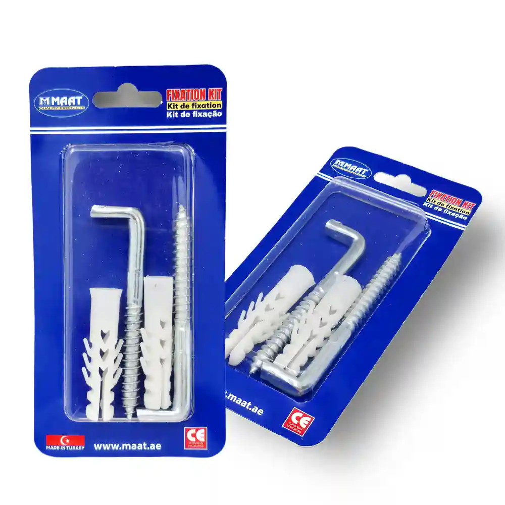 MAAT Water Heater Fixing Kit MT-WH-19 in its blue blister packaging, showing two crushed triphone studs and two Ø 12x70mm plastic dowels for secure appliance mounting.